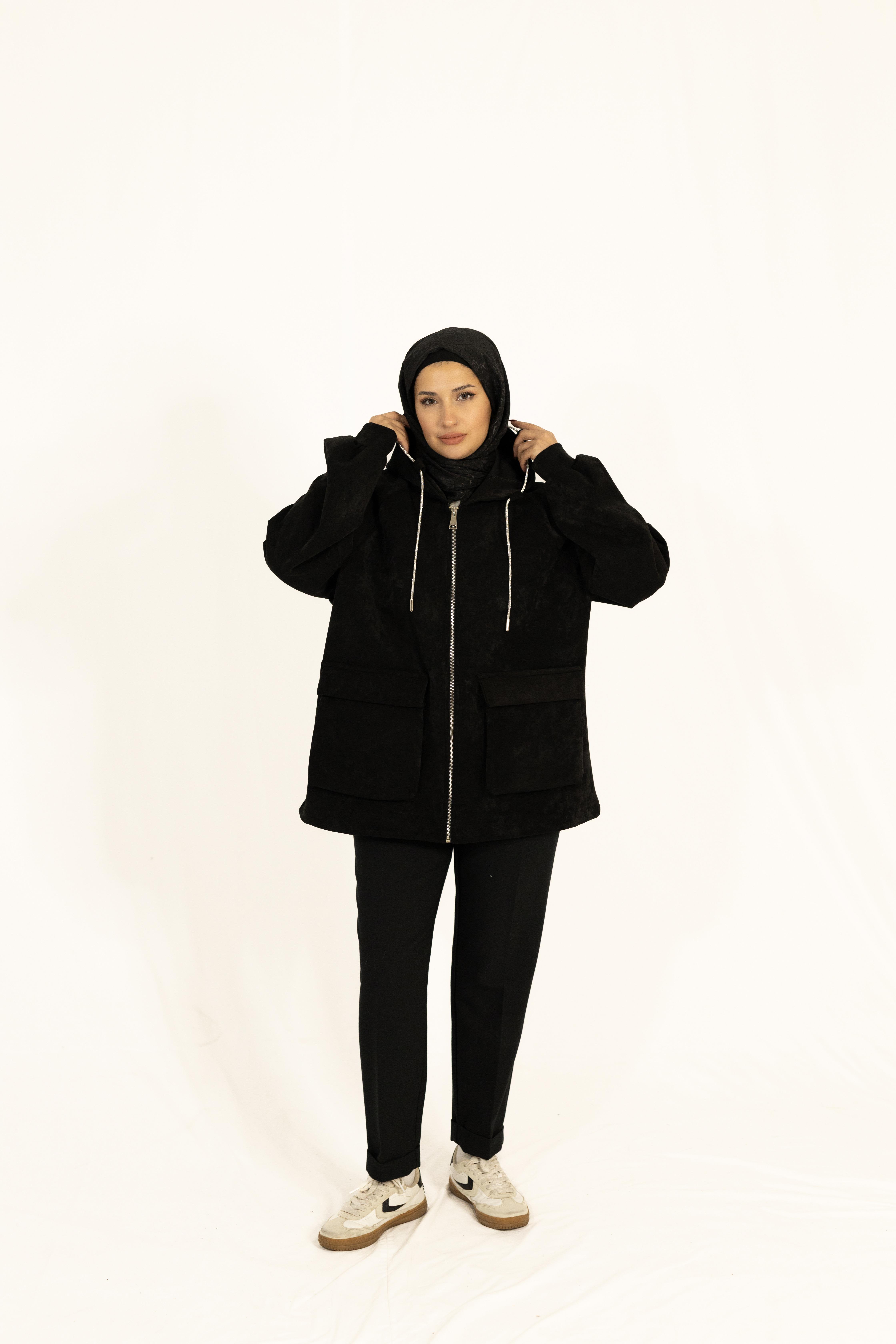 Fermuarlı Kapüşonlu Tesettür Kaşe Ceket Siyah