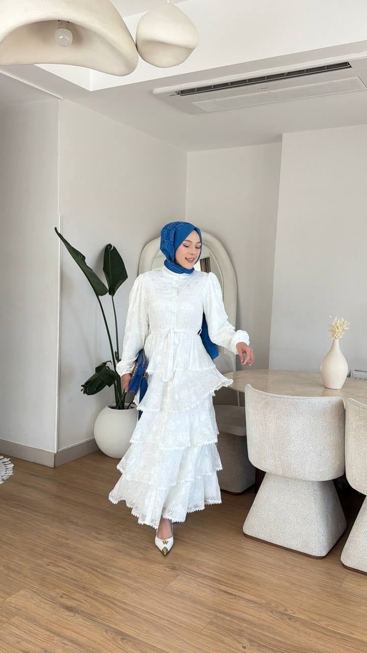 Fırfırlı Katlı Elbise BEYAZ