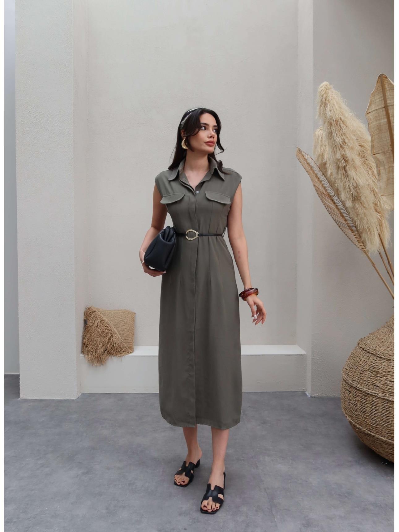 Gold Toka Kemerli Tencel Kumaş Elbise