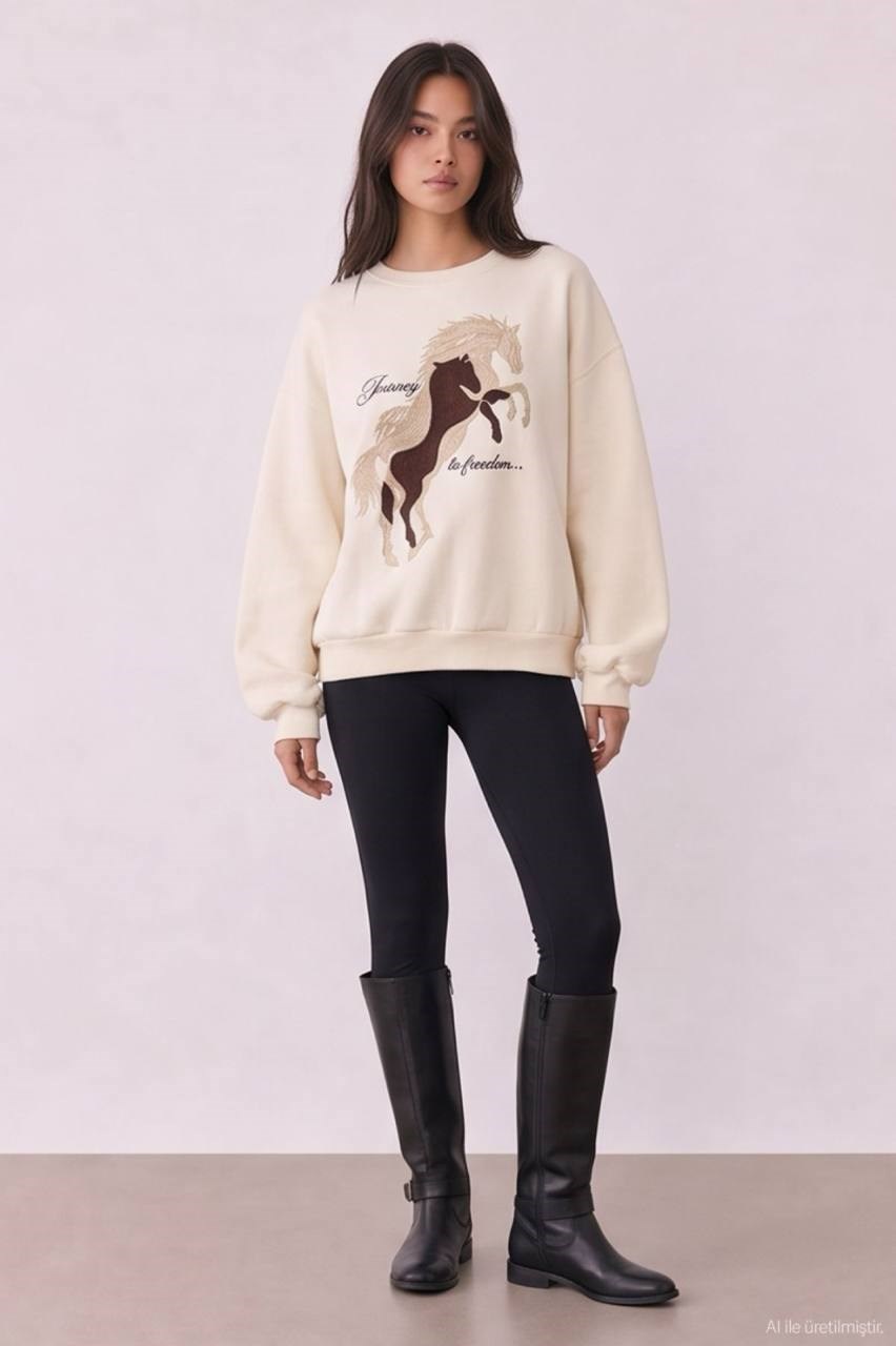Grafik Baskılı Oversize Sweatshirt Bej 