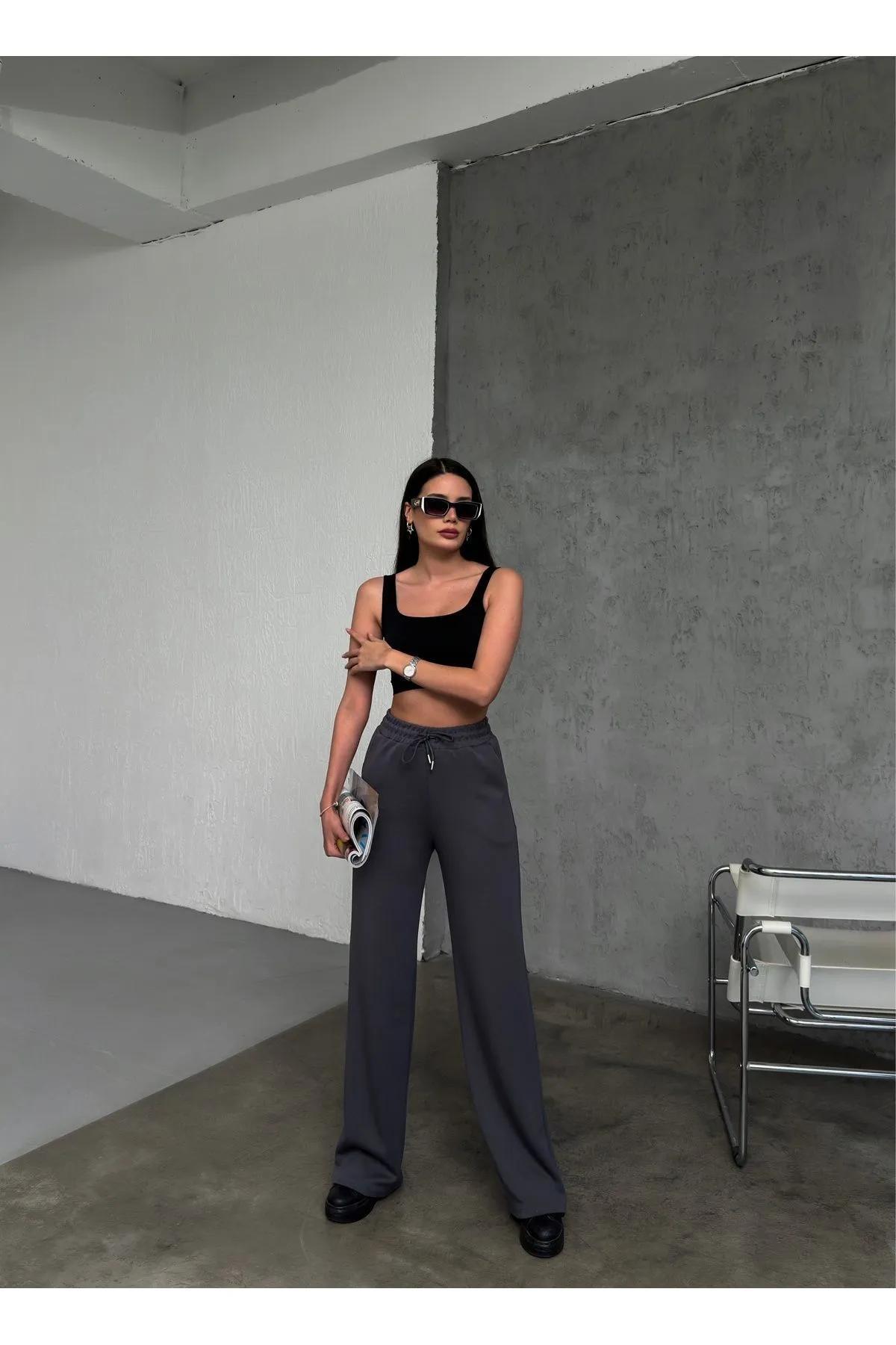 Kadın Antrasit Modal Kumaş Bol Paça Beli Bağcıklı Yüksek Bel Palazzo Eşofman Altı