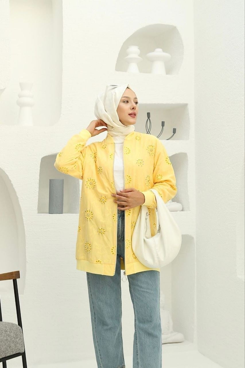 Kadın Taş Işlemeli Brode Hırka Sarı