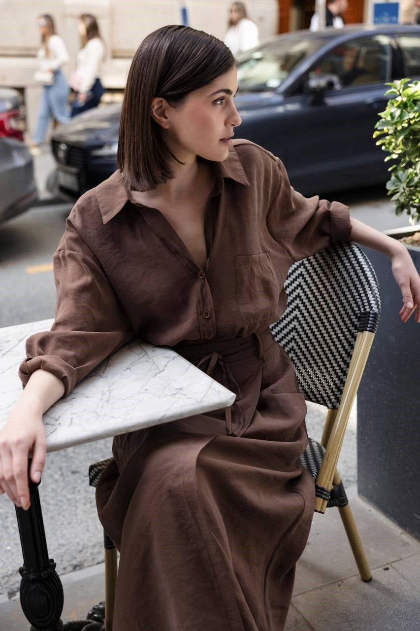 Kahve Omzu Düşük Oversize Gömlek 