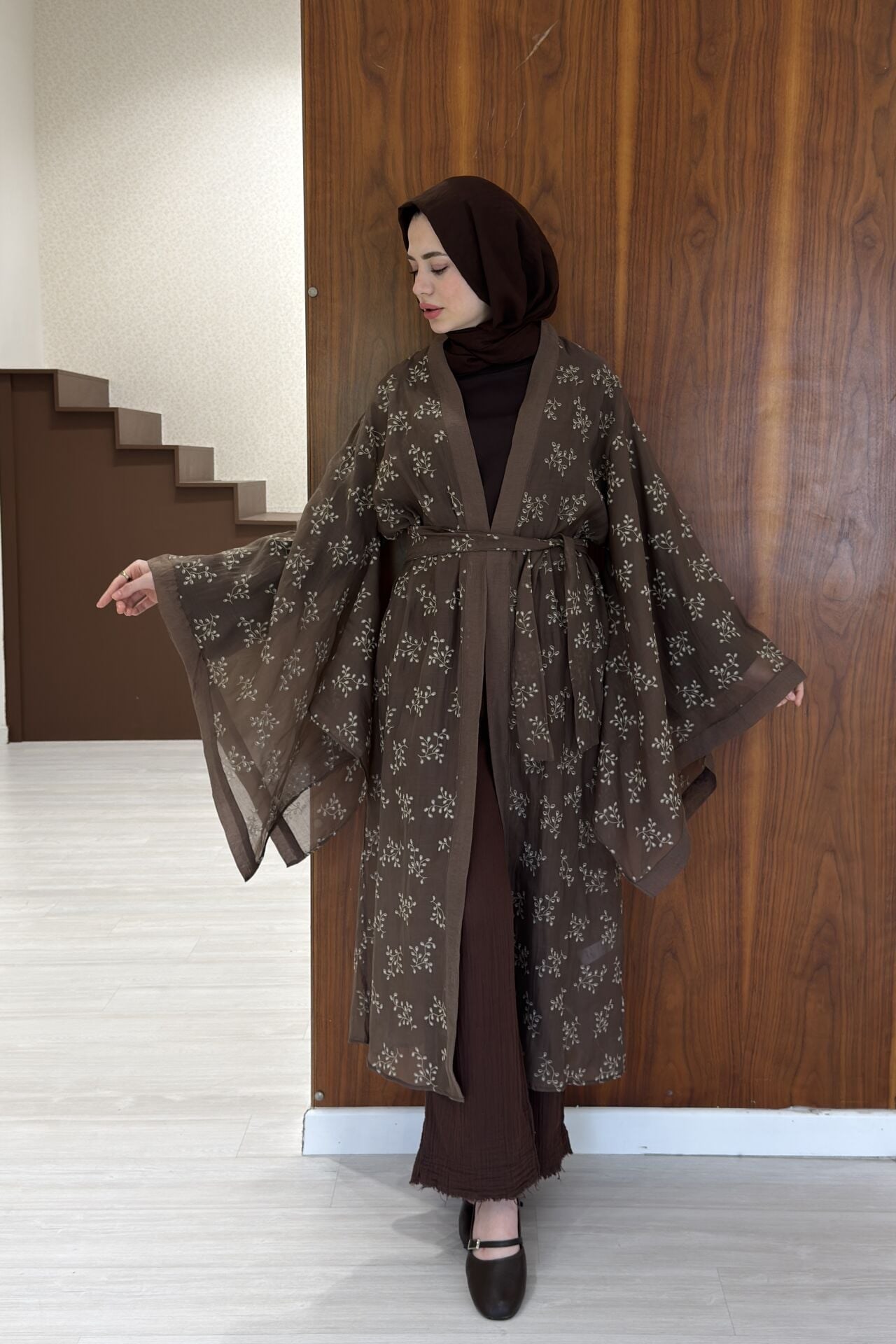 Kahverengi Florist Kimono