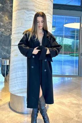 Kruvaze Kaşe Kaban Düğmeli Kuşaklı Oversize-siyah