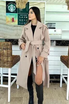 Kruvaze Kaşe Kaban Düğmeli Kuşaklı Oversize-TAŞ