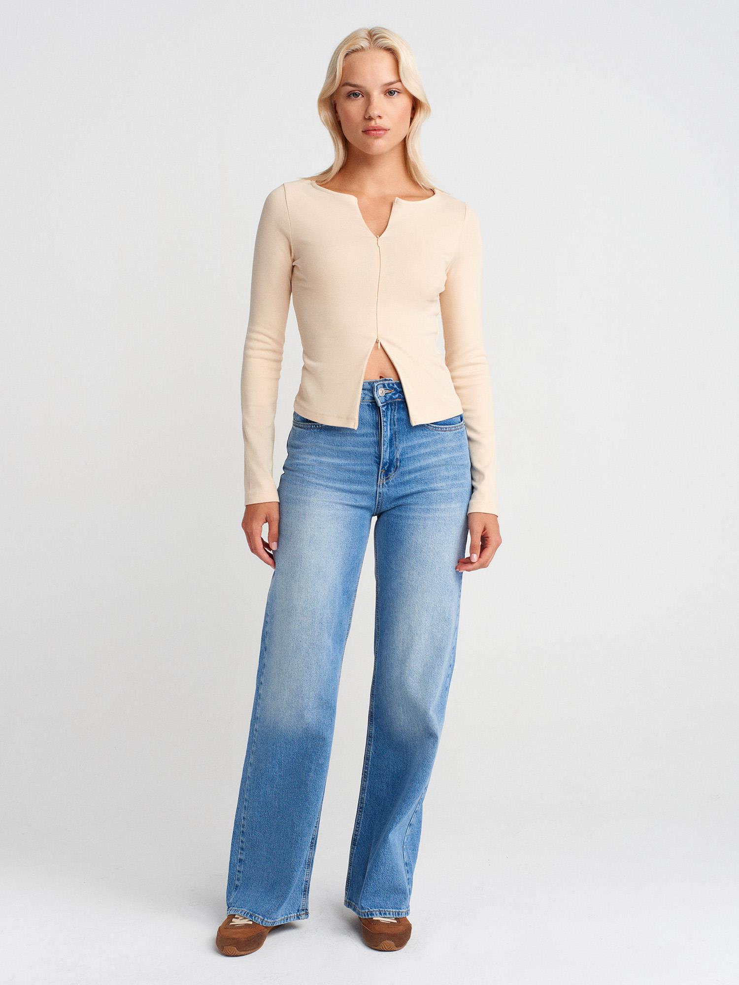 Likralı Wideleg Denim Pantolon-Mavi