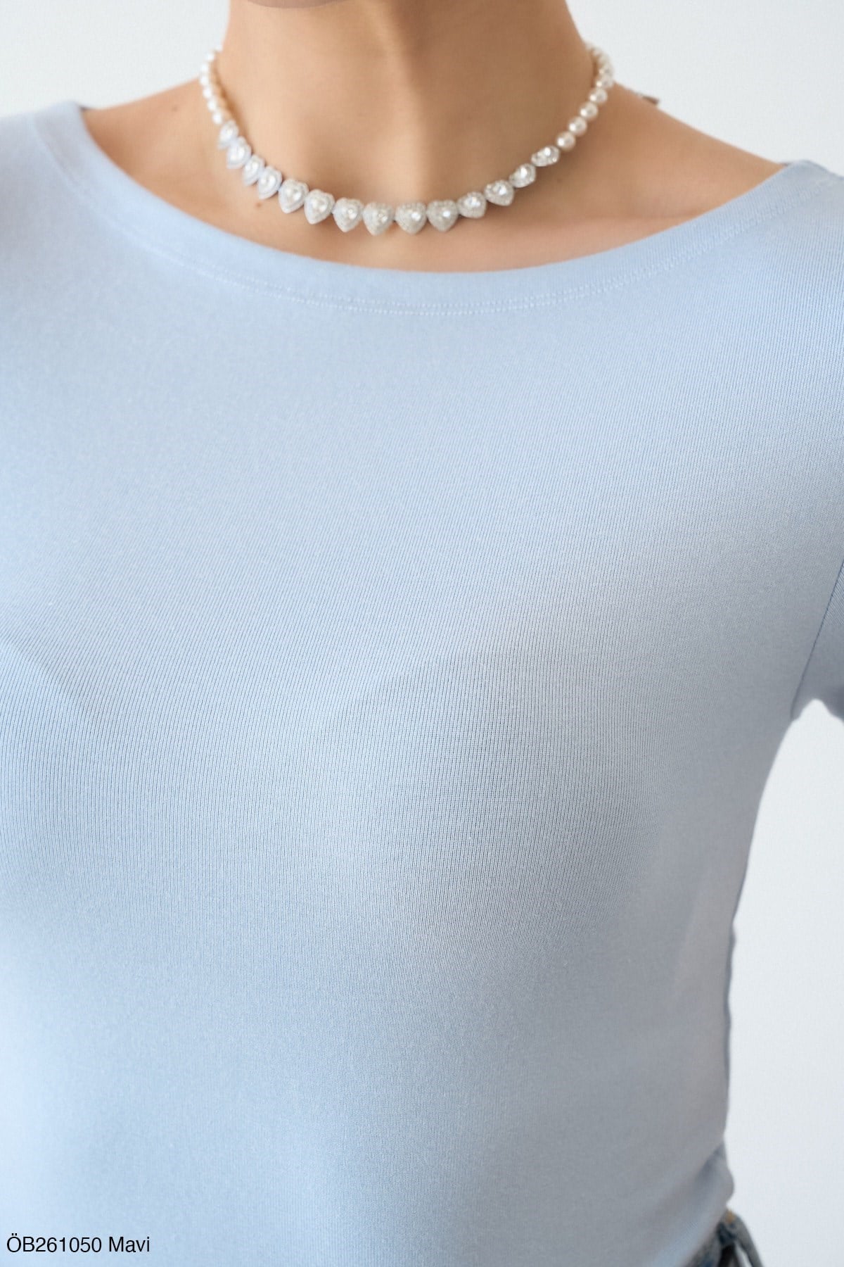 Mavi Kayık Yaka Kısal Kol Body