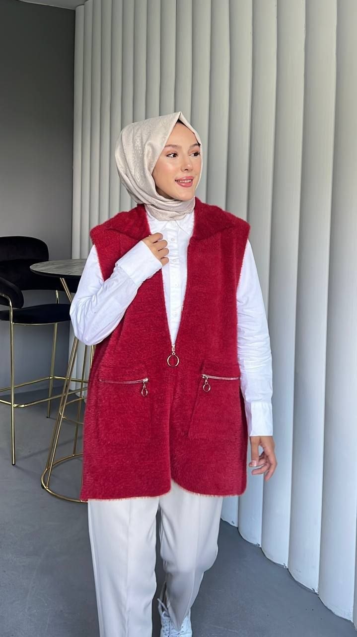 Önü Fermuarlı Torba Cepli Sakallı Yelek -Siyah