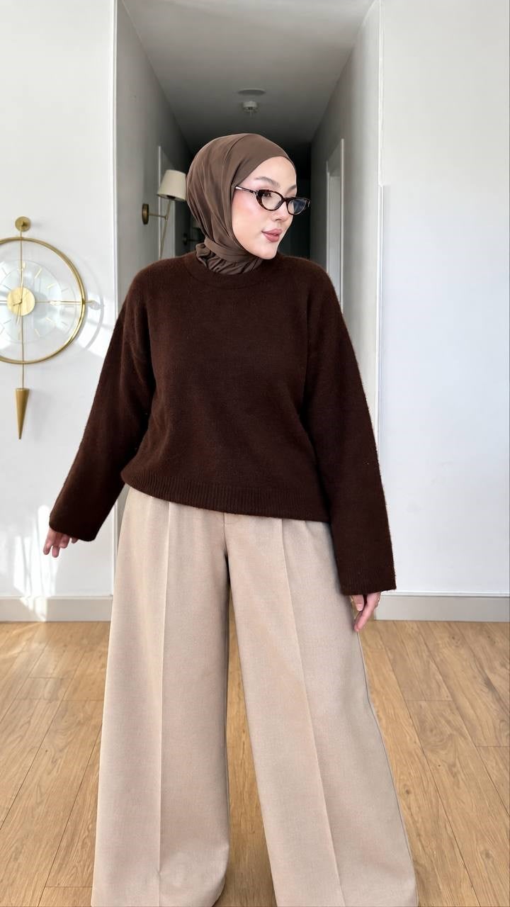 Oversize Angora Yumoş Triko Kazak Kahve