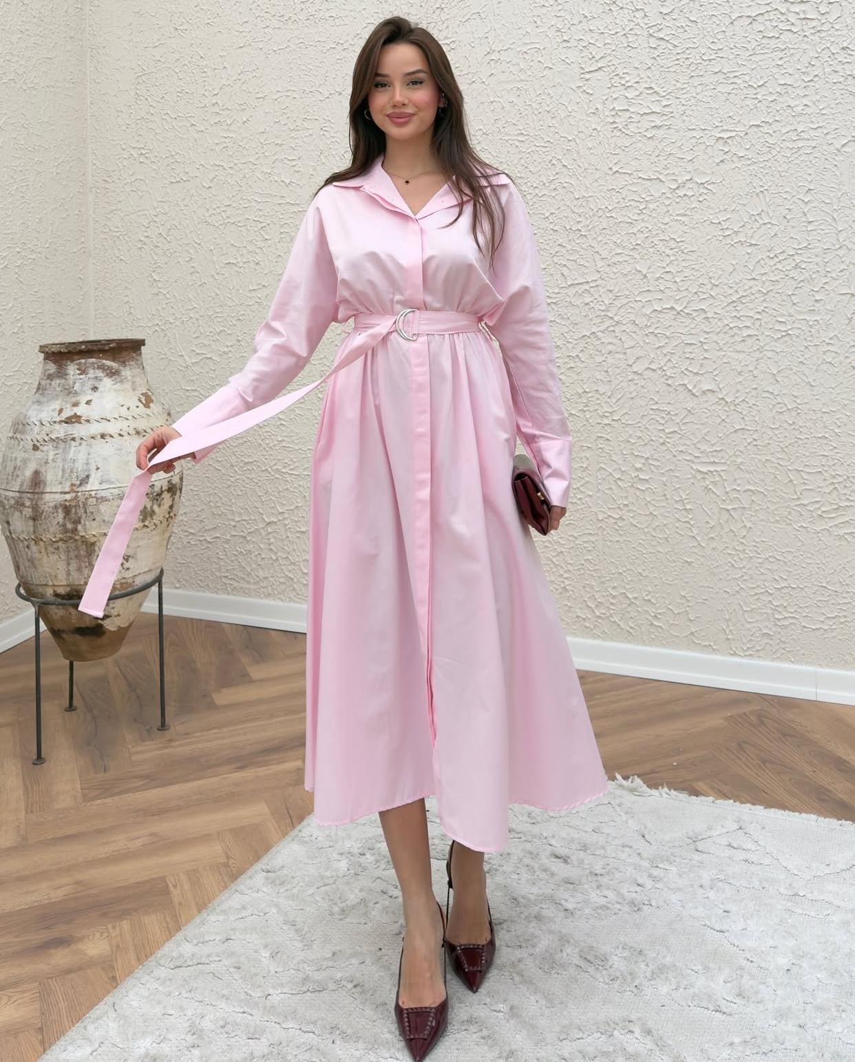 Pembe Polin Tam boy Düğmeli  Kemerli Elbise