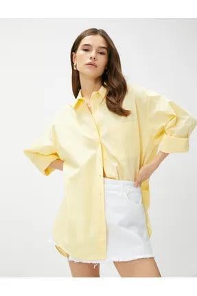 Sarı Oversize Poplin Gömlek Cepli Pamuklu