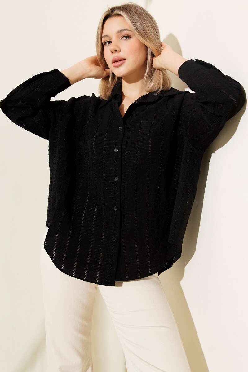 Şerit Brodeli Oversize Basic Gömlek Siyah