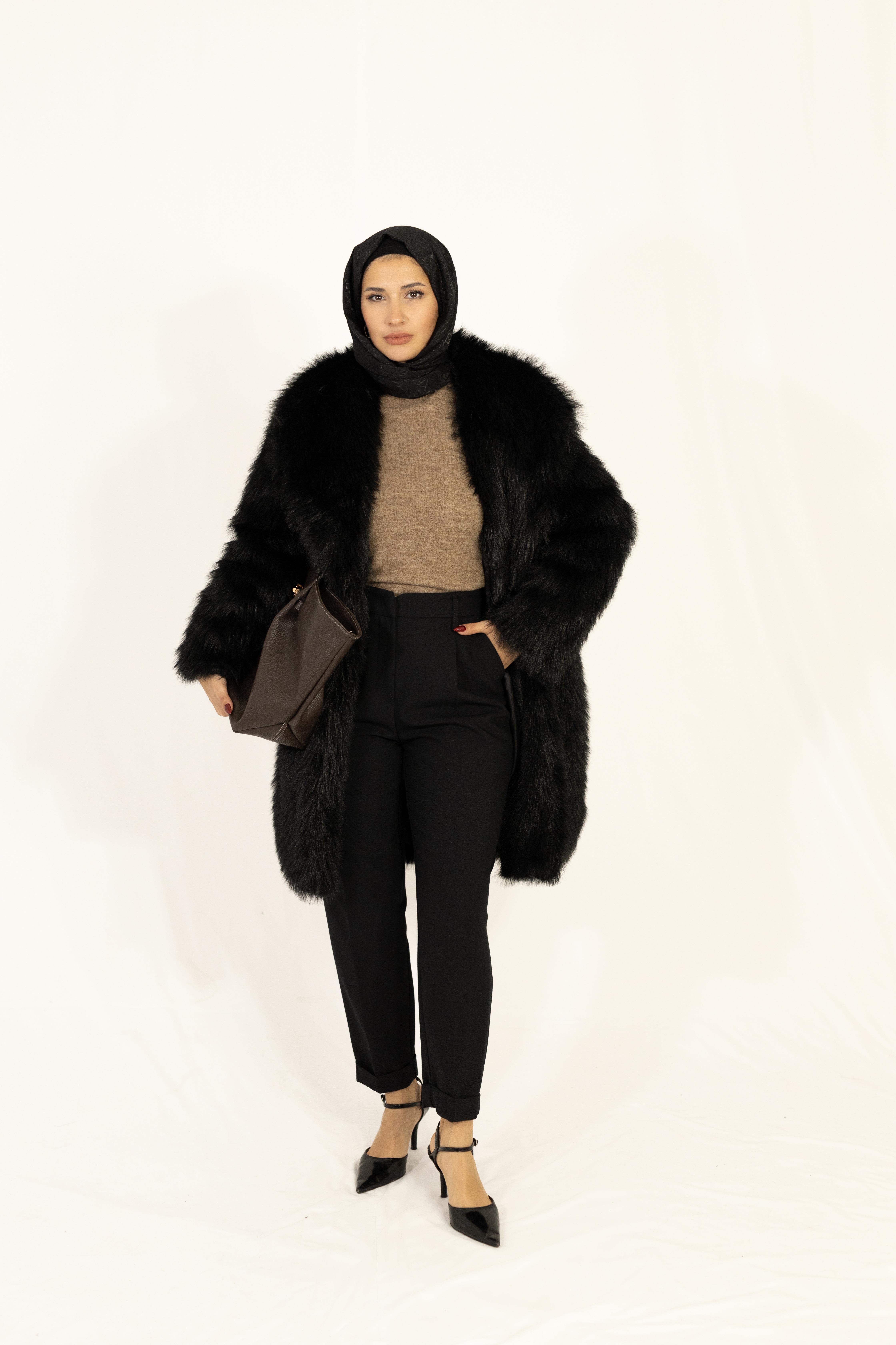 Siyah Astarlı Oversize Premium Kürk Kaban