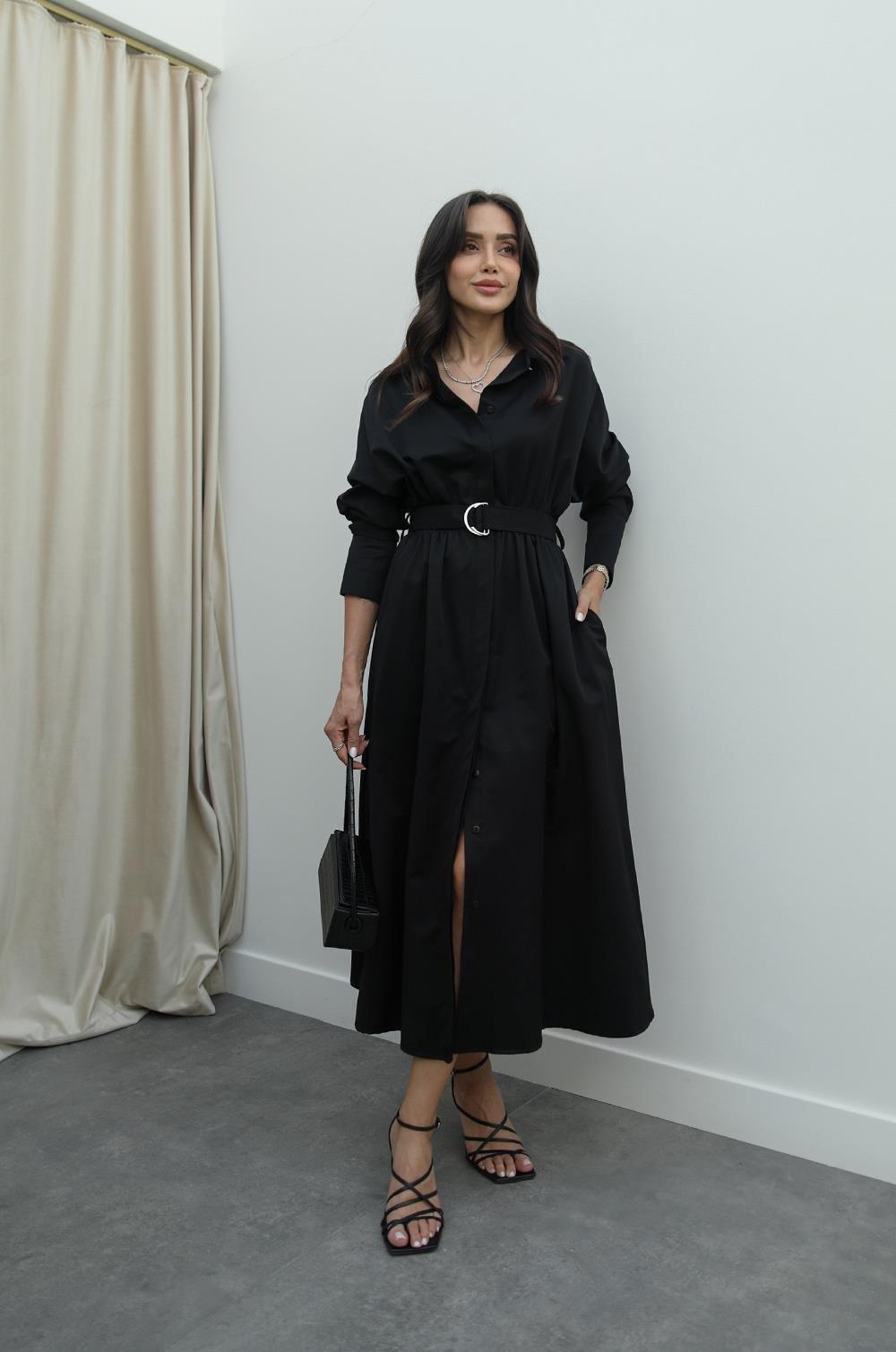 Siyah Polin Tam boy Düğmeli  Kemerli Elbise