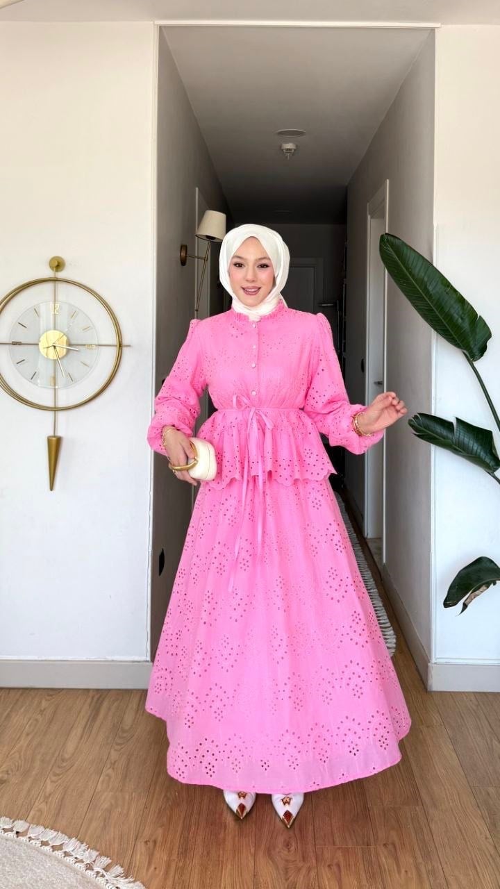 Tesettür Takım Fisto Kumaş Astarlı Etek-Gömlek -pembe