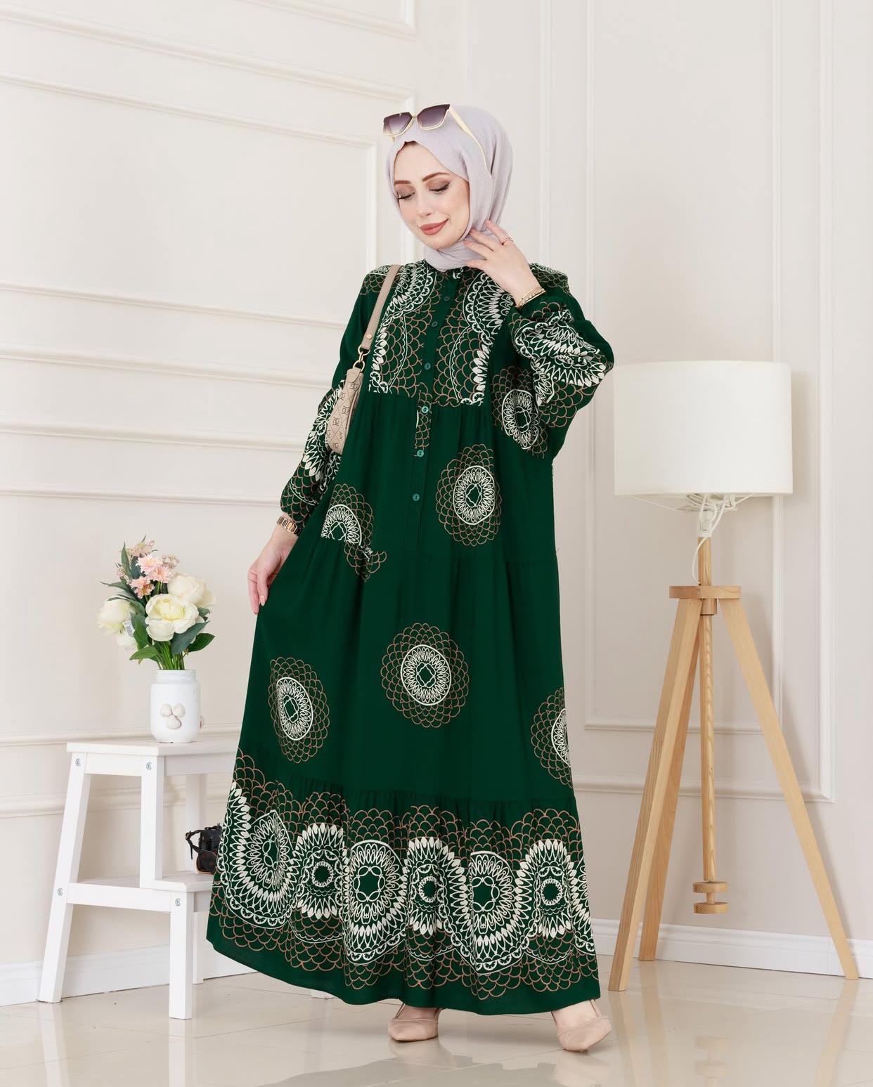 Yeşil Yarım Düğmeli Robalı Hira Elbise