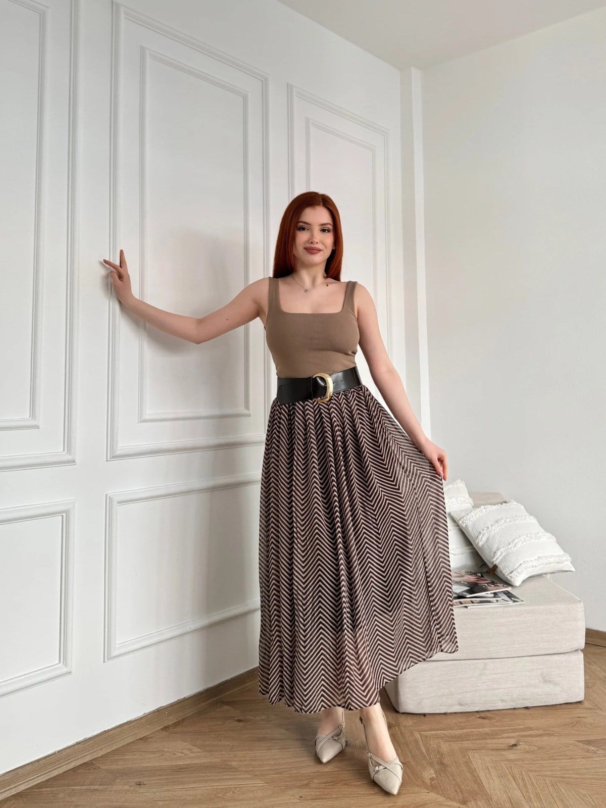 Zigzag Desen Kemerli Şifon Etek KahveRENGİ