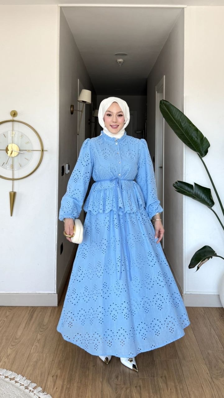  Tesettür Takım Fisto Kumaş Astarlı Etek-Gömlek- Mavi