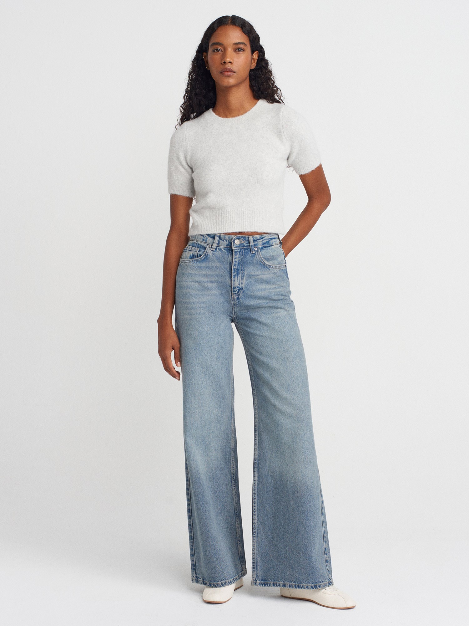 %100 Pamuk Dökümlü Geniş Denim Pantolon-Mavi