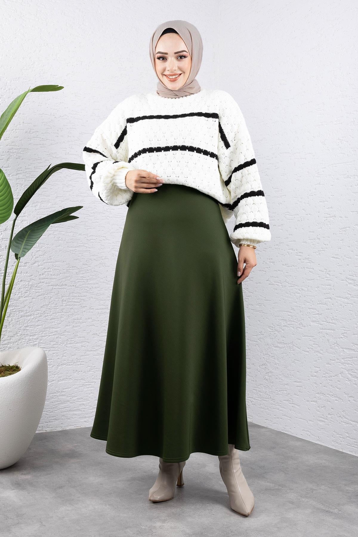 A Kesim Skuba Dalgıç Kumaş Basic Düz Maxi Etek Haki