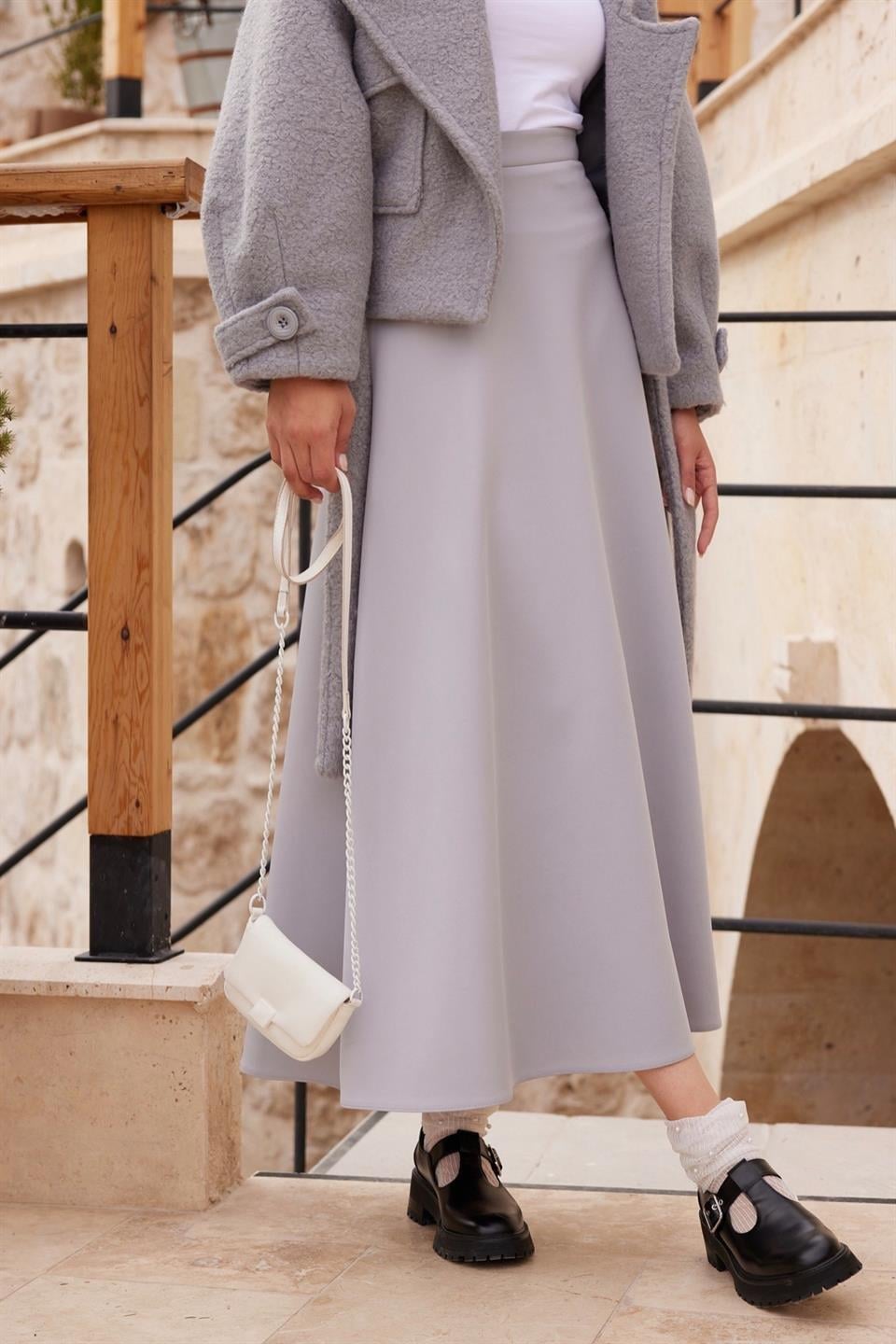 A Kesim Skuba Dalgıç Kumaş Basic Düz Maxi Etek Gri