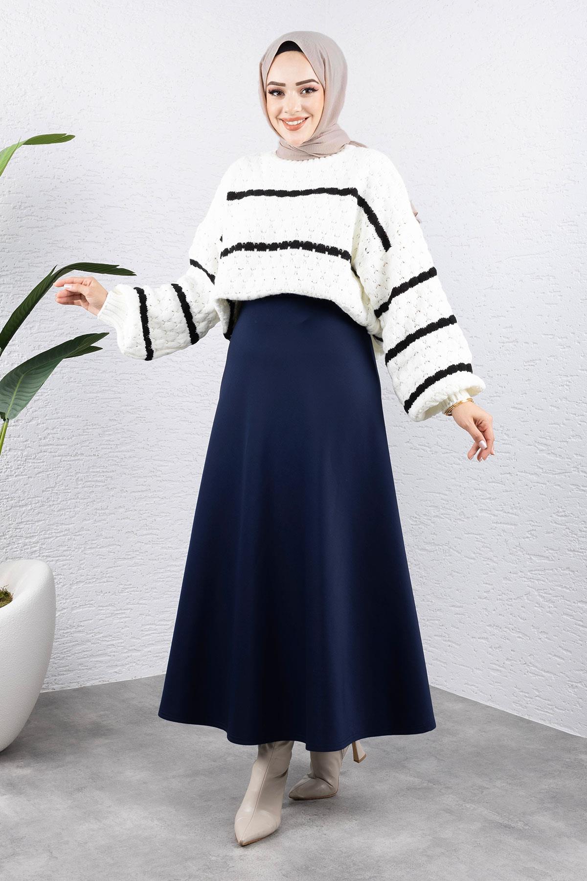 A Kesim Skuba Dalgıç Kumaş Basic Düz Maxi Etek Lacivert