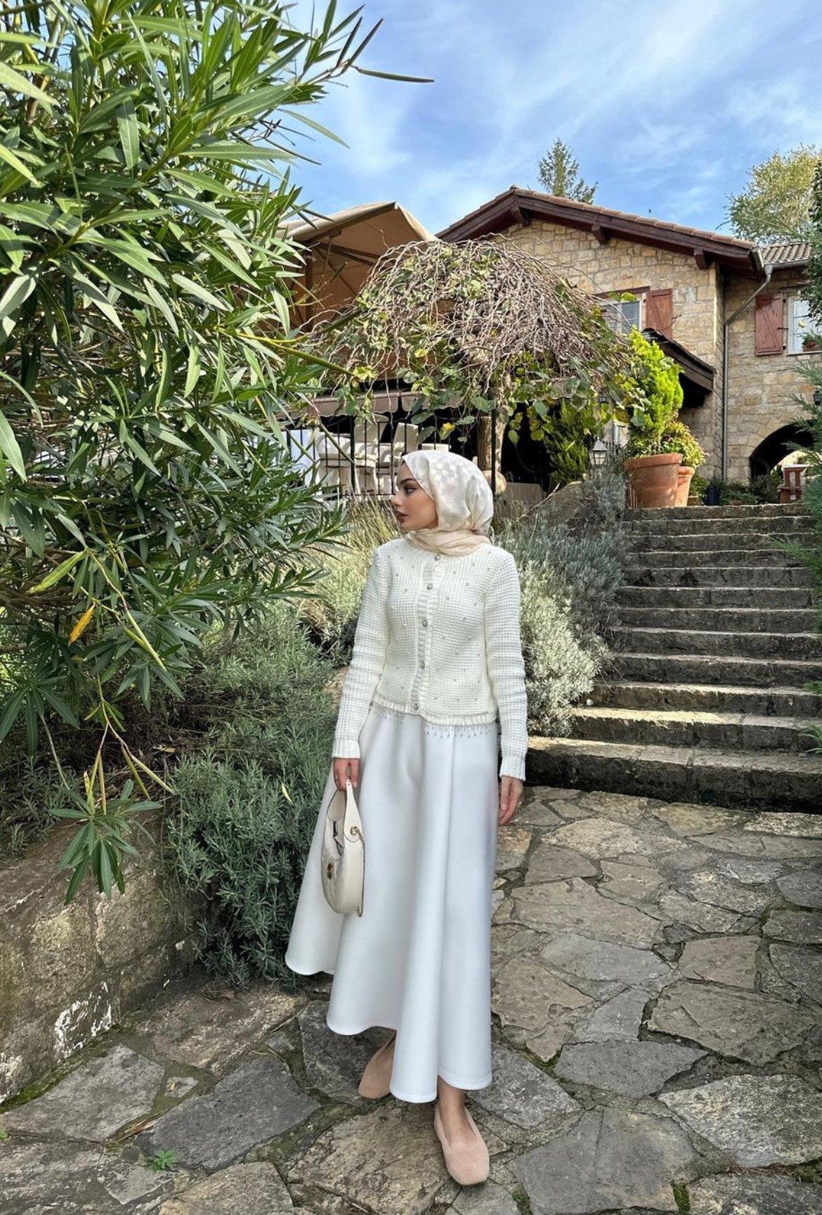 A Kesim Skuba Dalgıç Kumaş Basic Düz Maxi Etek Beyaz