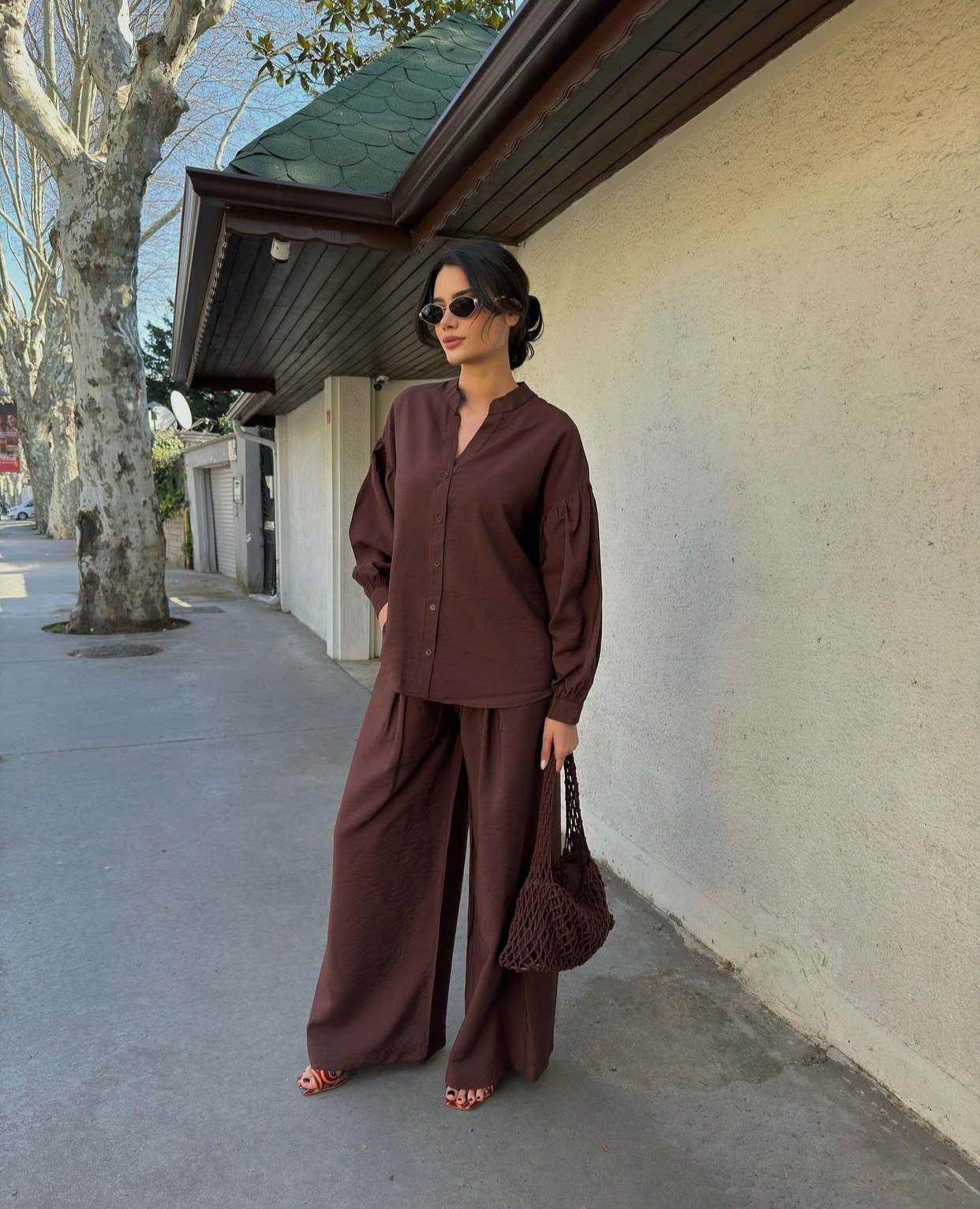 Acı Kahve Tensel Gömlek Pantolon İkili Takım