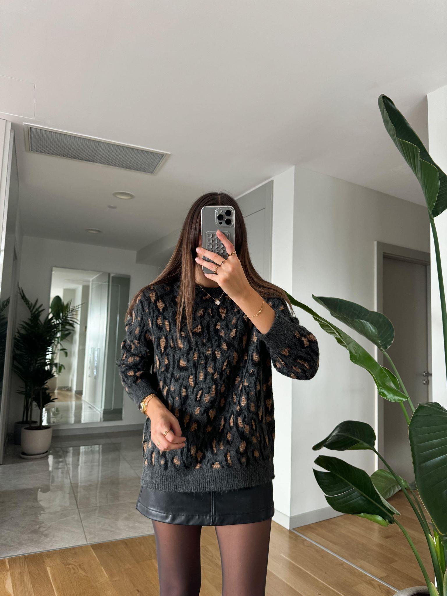 Antrasit Leopar Desenli Kazak