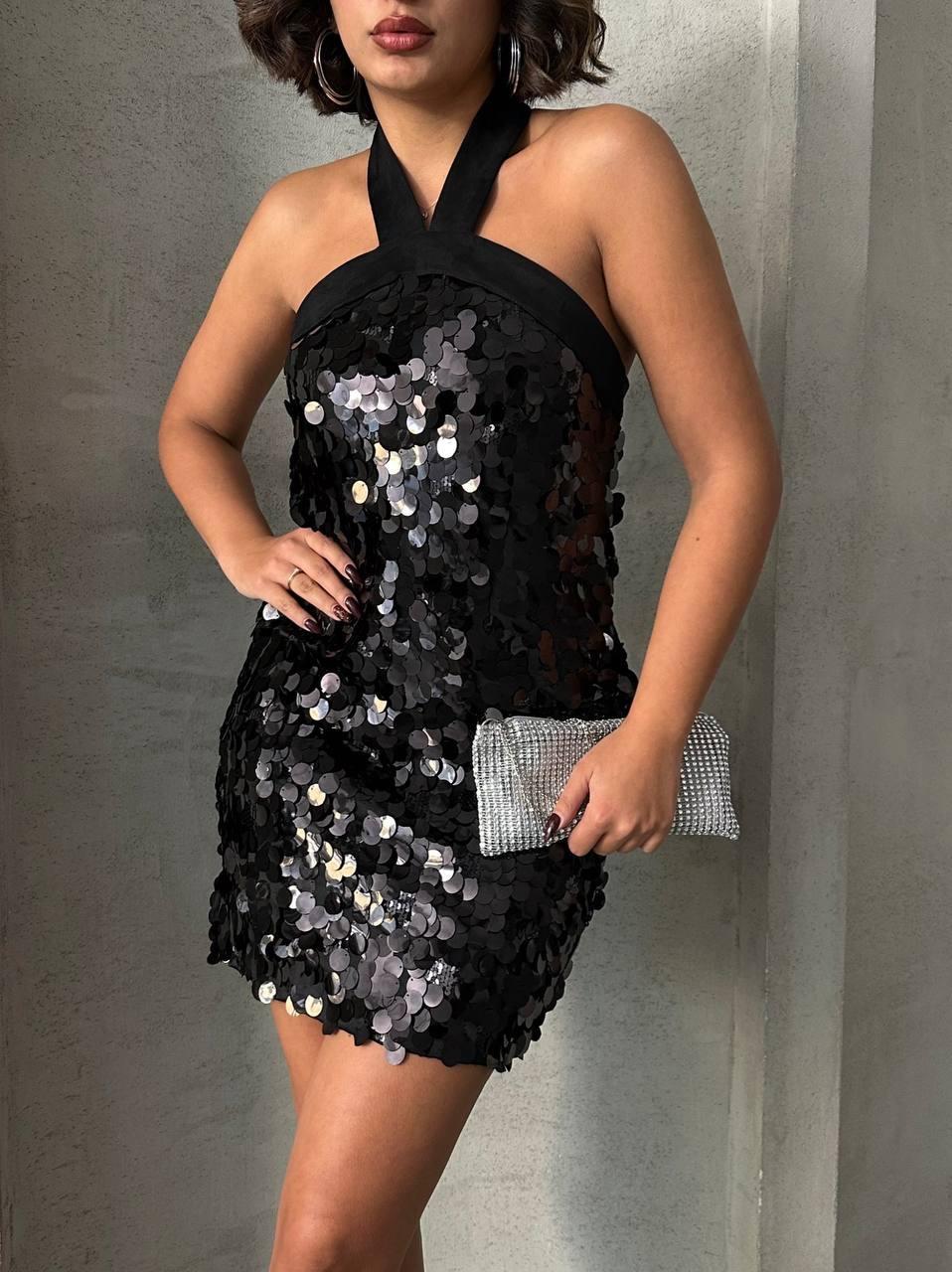 Askılı Parti Disko  Payetli Barry Kadın Siyah Mini Elbise