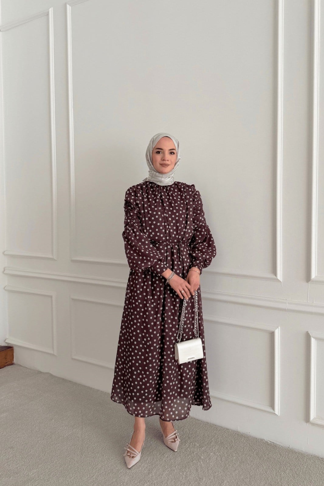 Asrın Puantiyeli Şifon Elbise Kahve