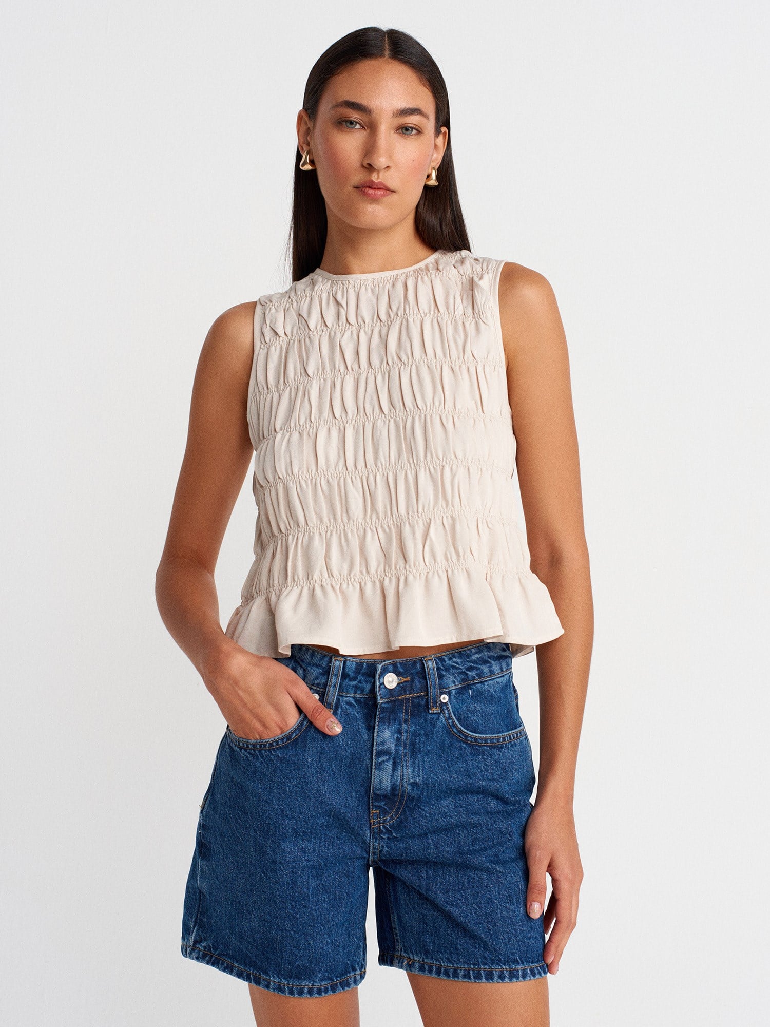 Basic Orta Boy Denim Şort-Mavi