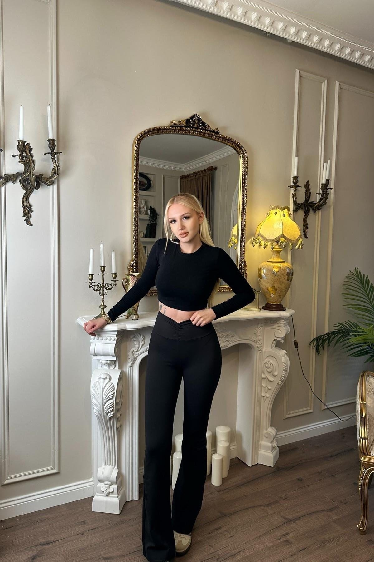 Beli Büzgülü İspanyol Paça Tayt Siyah