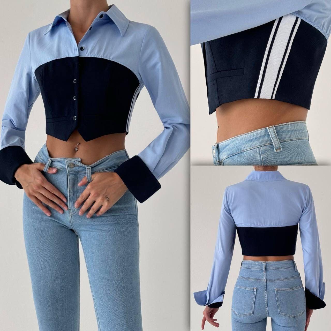 Beli Lastikli Çizgi Detaylı Crop Gömlek