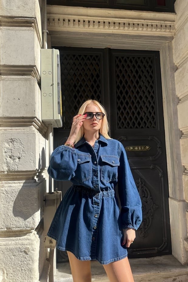 BELİ LASTİKLİ KOT ELBİSE Mavi