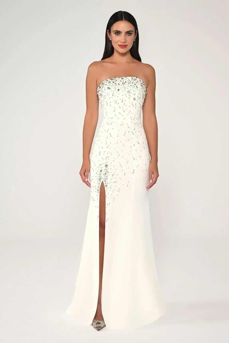 Beyaz Straplez Taş Işlemeli Krep Uzun Abiye Elbise