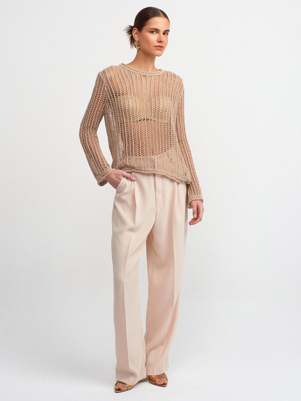 Bisiklet Yaka Ajurlu Transparan Kazak-Bej