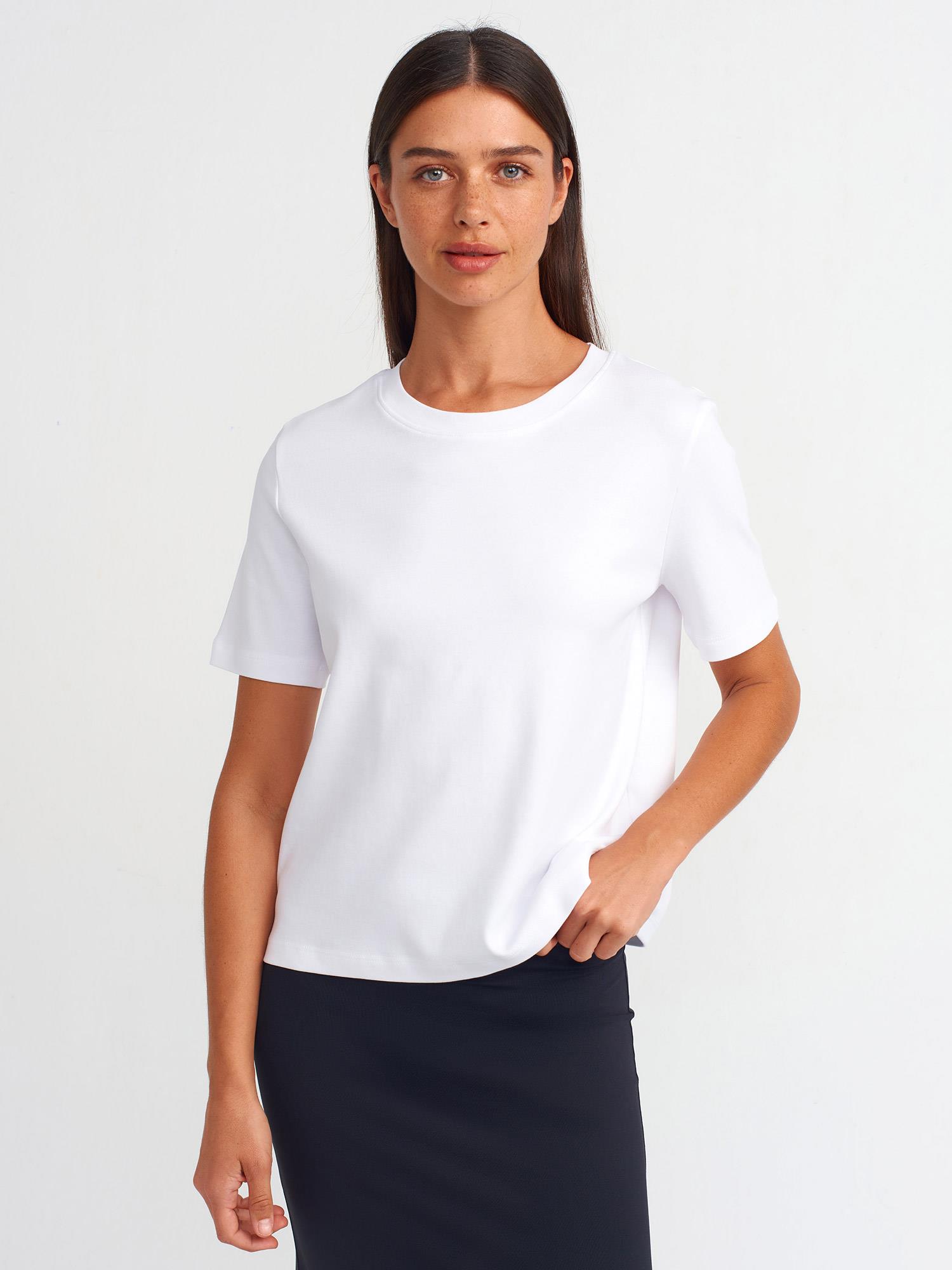 Bisiklet Yaka Pamuklu T-shirt-Beyaz