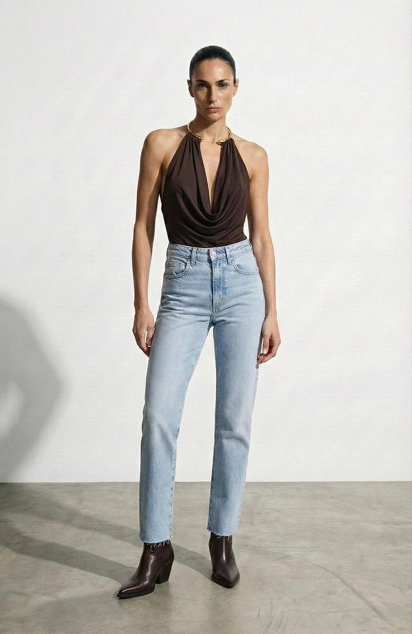 Boyundan Aksesuarlı Degaje Yaka Eolen  Kadın Bodysuit