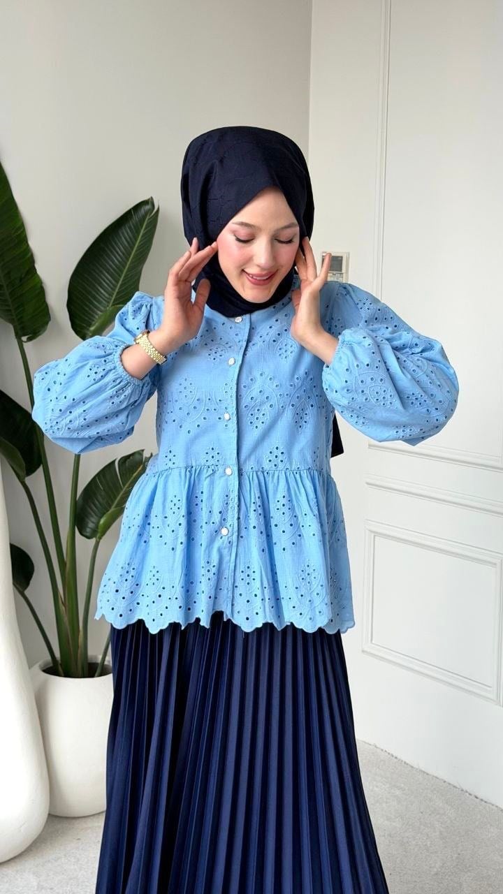 Brode Dantel Kumaş Mavi  Tunik