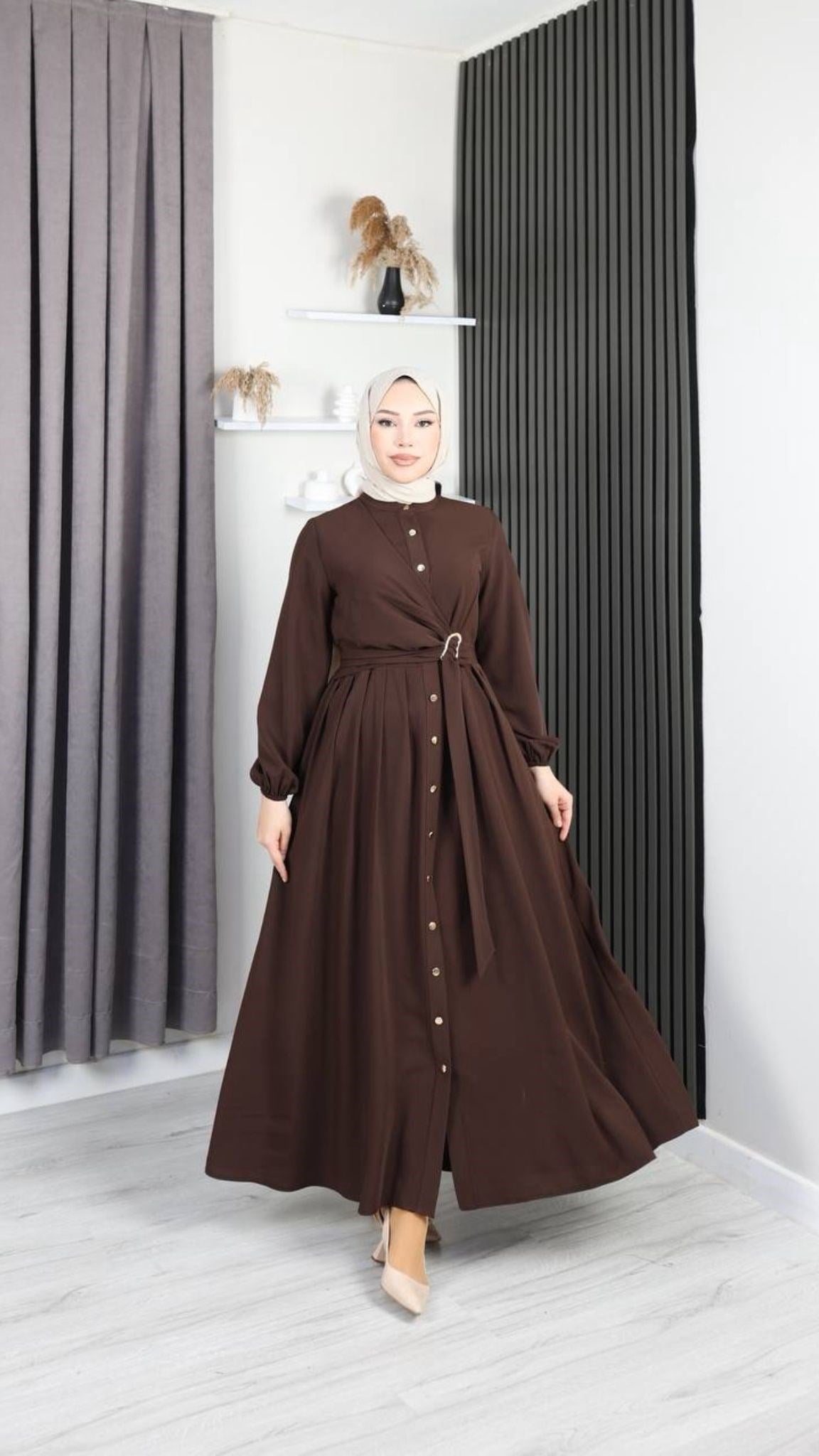 Cupra Tansel Kumaş Kuşaklı Tesettür Elbise