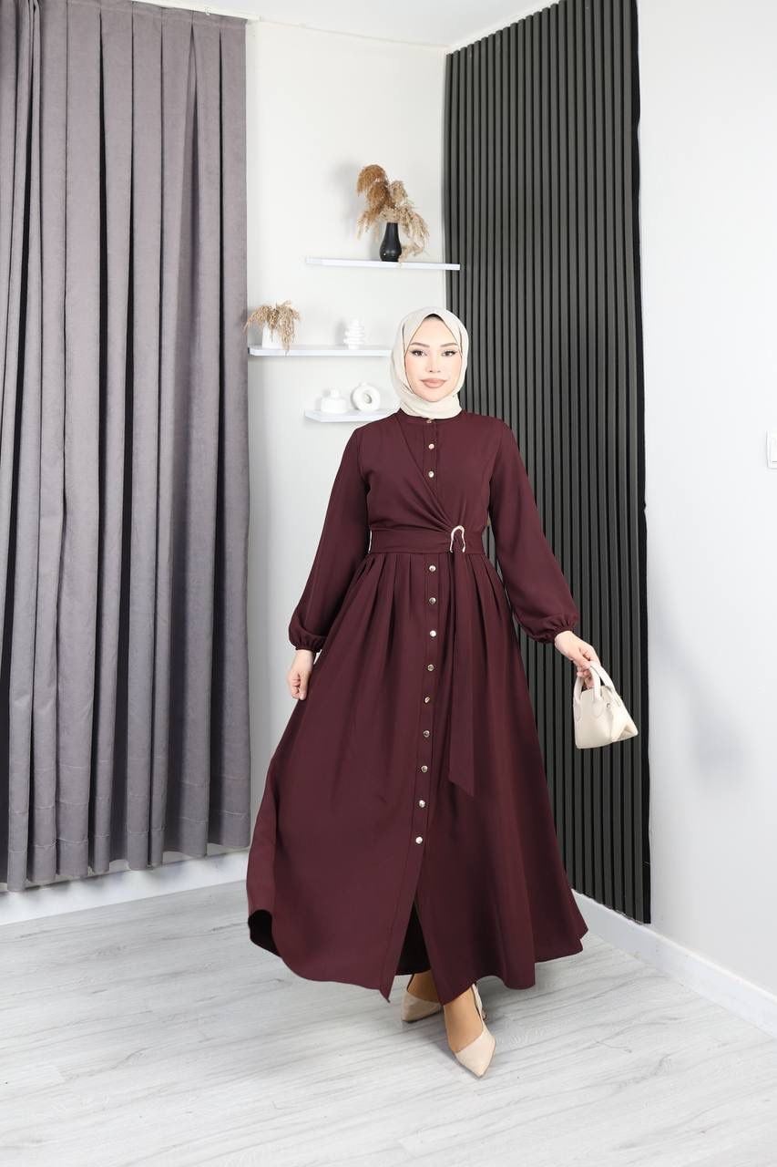 Cupra Tansel Kumaş Kuşaklı Tesettür Elbise mürdüm