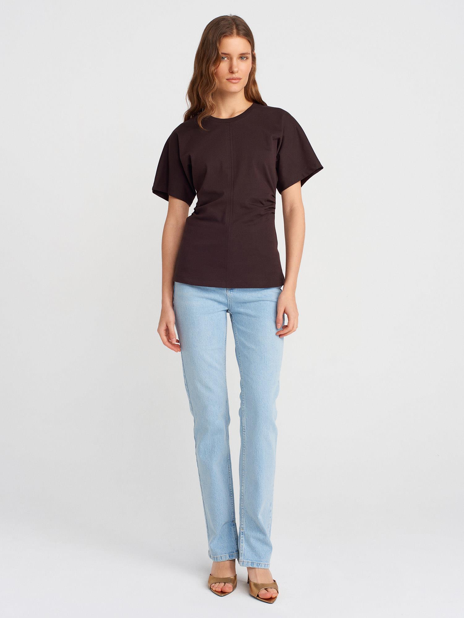 Drape Detaylı T-shirt-Koyu Kahve