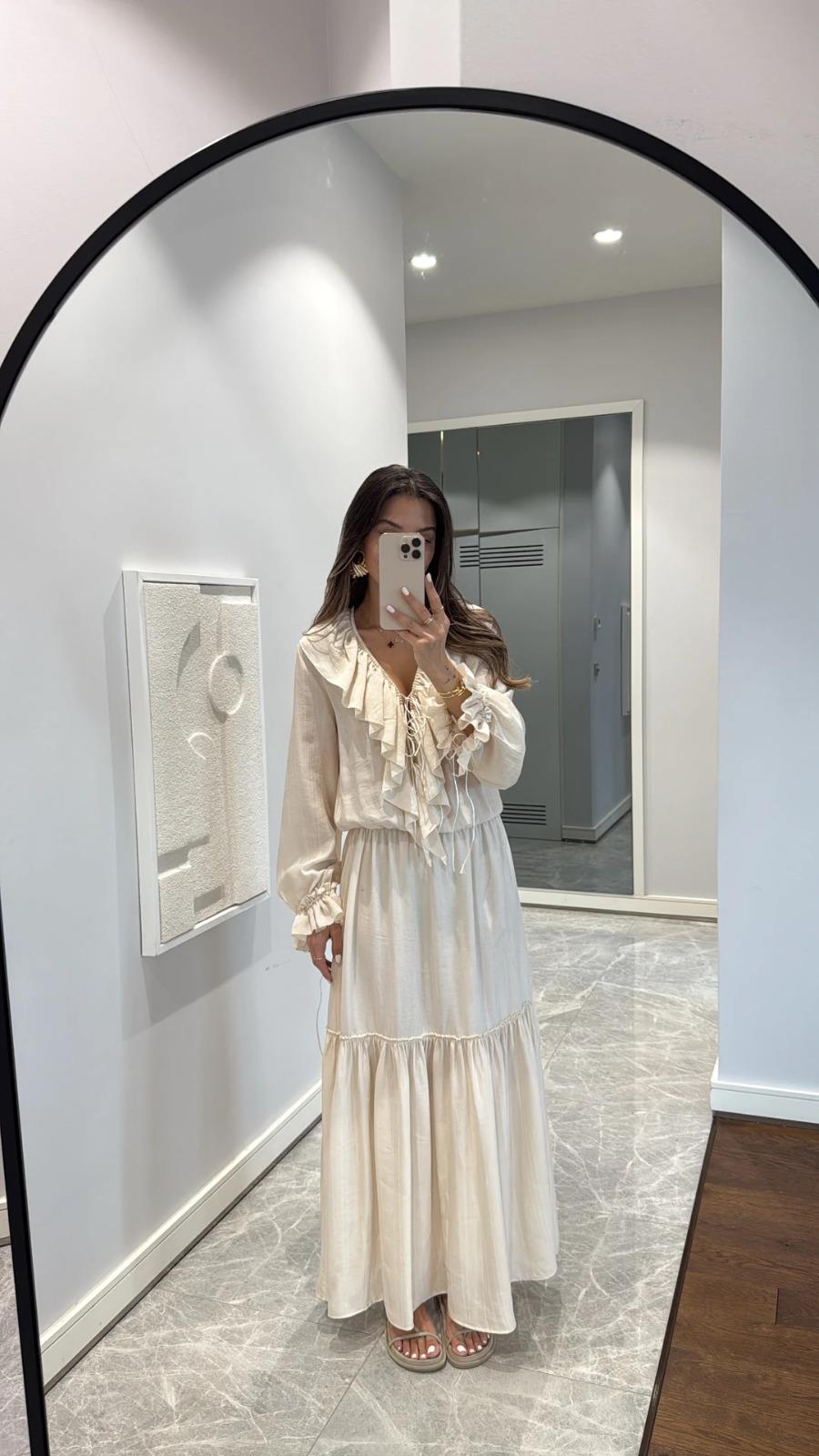 Ekru Fırfır Dedaylı  Max Elbise