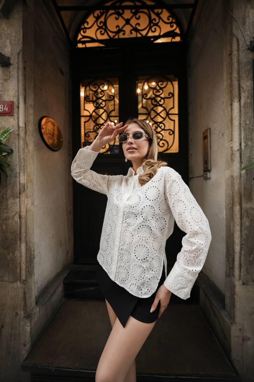 Ekru Kadın Exclusive Oversize/bol Kesim %100 Pamuk Brode Gömlek