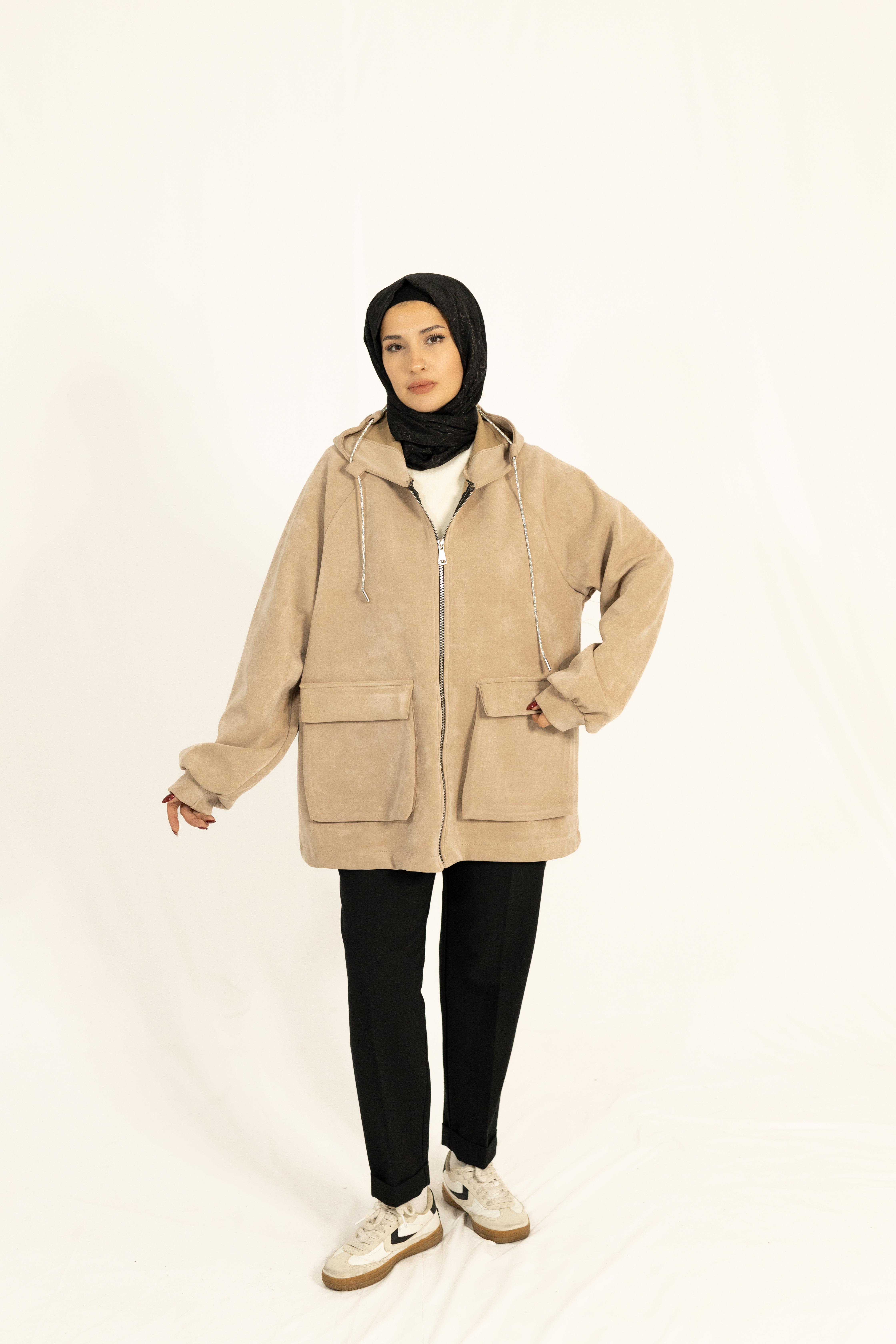 Fermuarlı Kapüşonlu Tesettür Kaşe Ceket Vizon