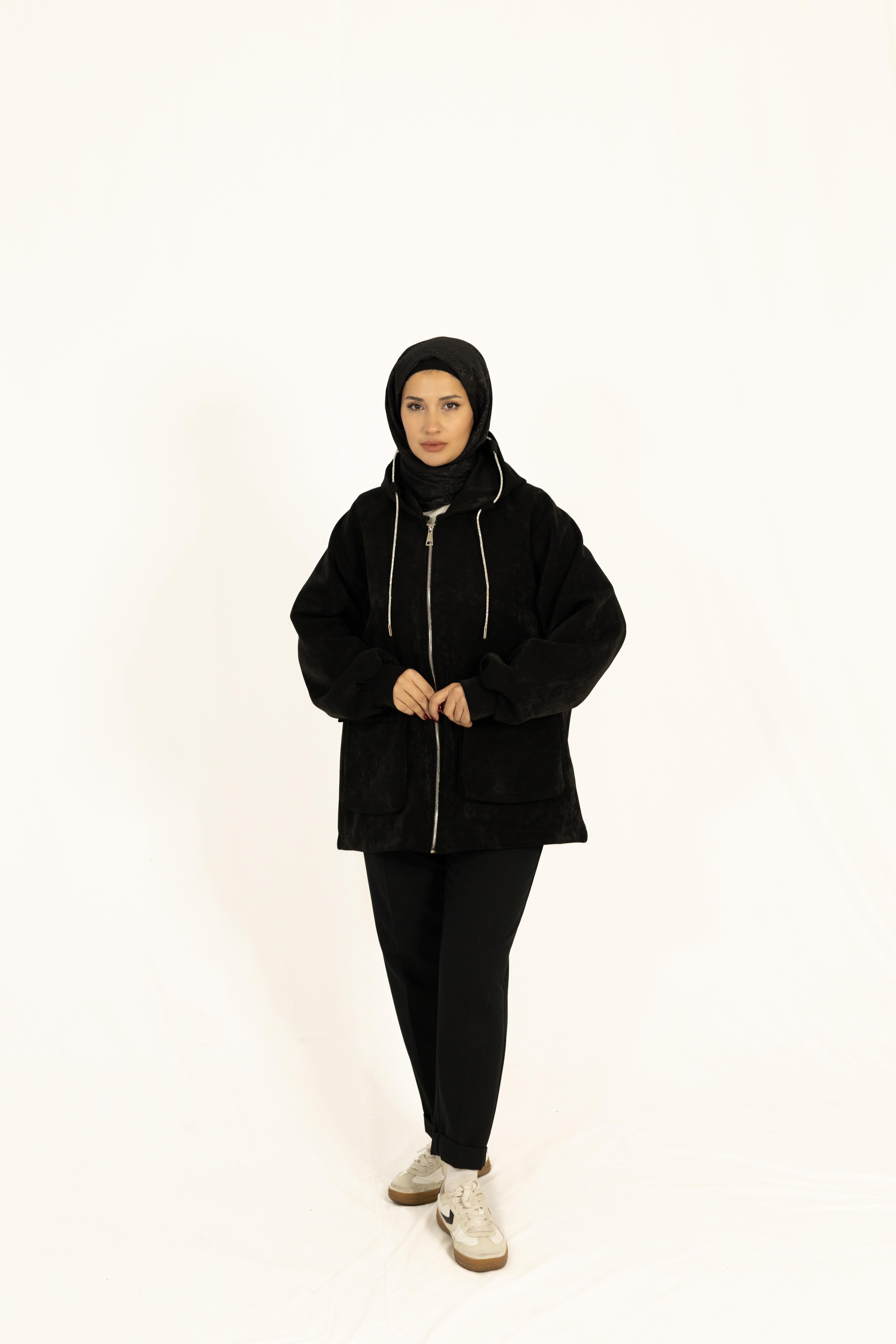 Fermuarlı Kapüşonlu Tesettür Kaşe Ceket Siyah
