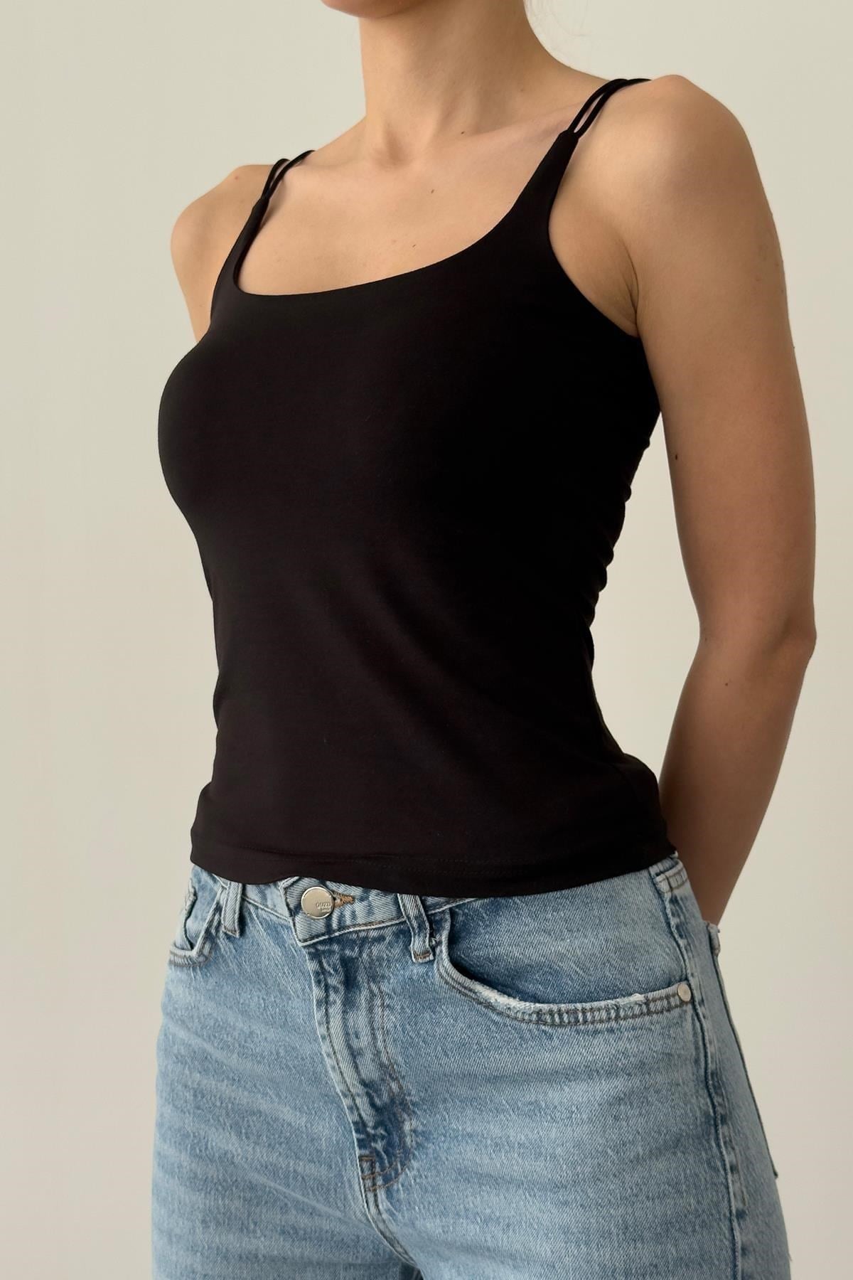 Geniş Yaka Çift Askılı Atlet SİYAH