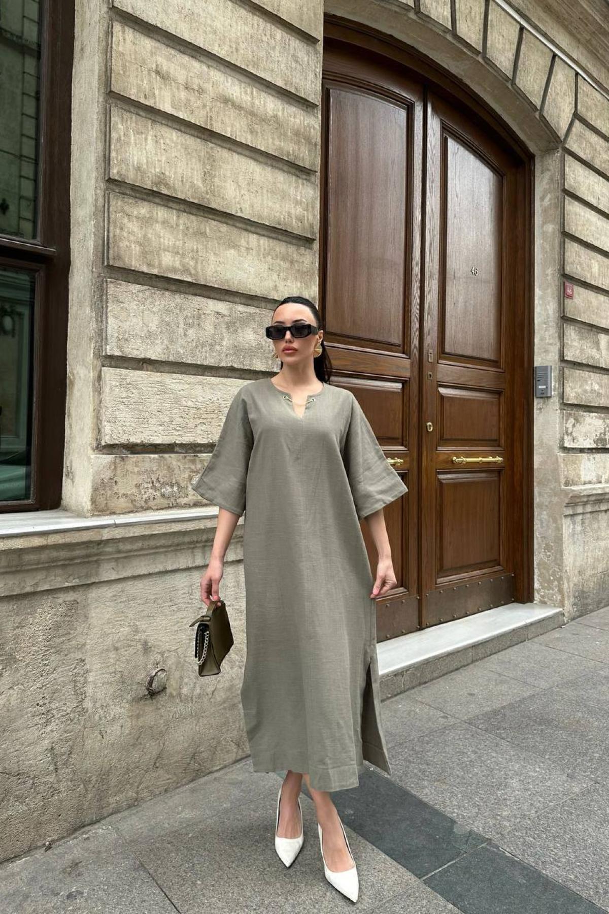 Haki Kaftan Keten Elbise